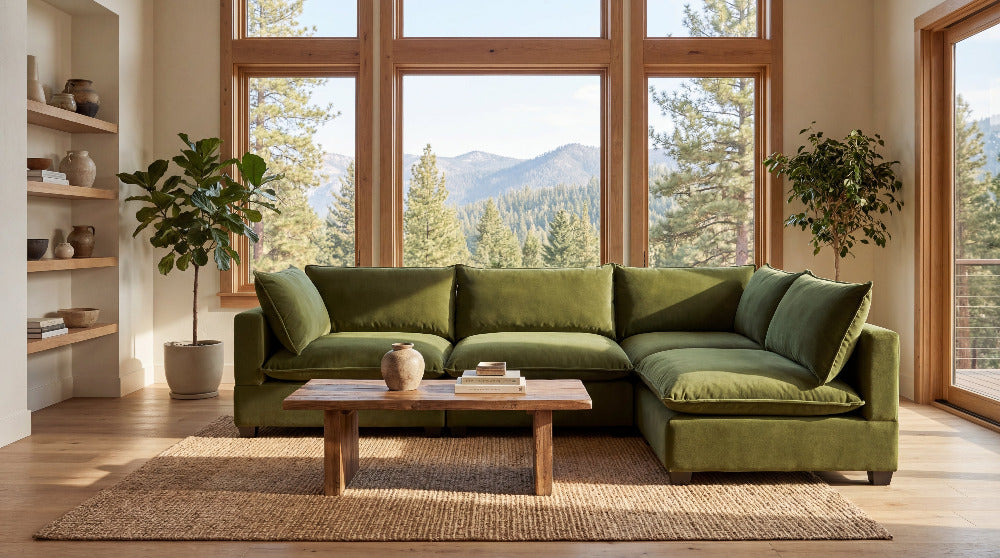 Olive modular L-shape sectional sofa in modern living room with mountain view