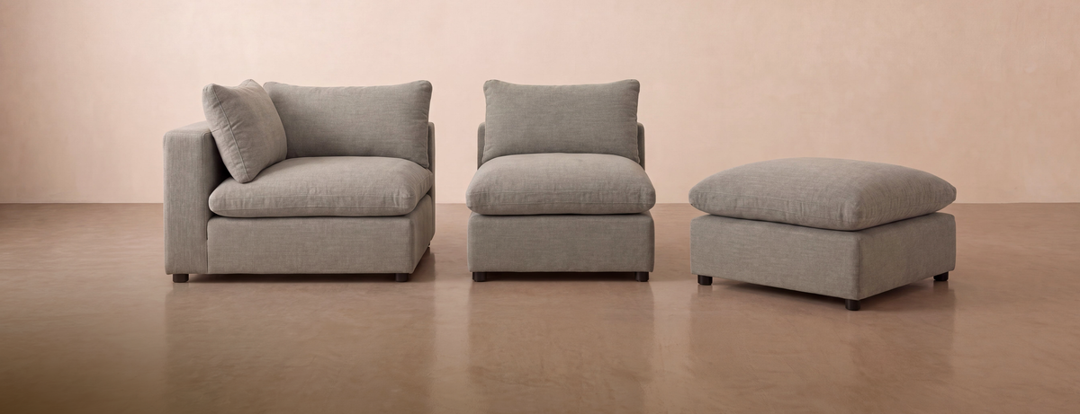 Aspen Cloud Petite modular sofa pieces: corner, armless, and ottoman
