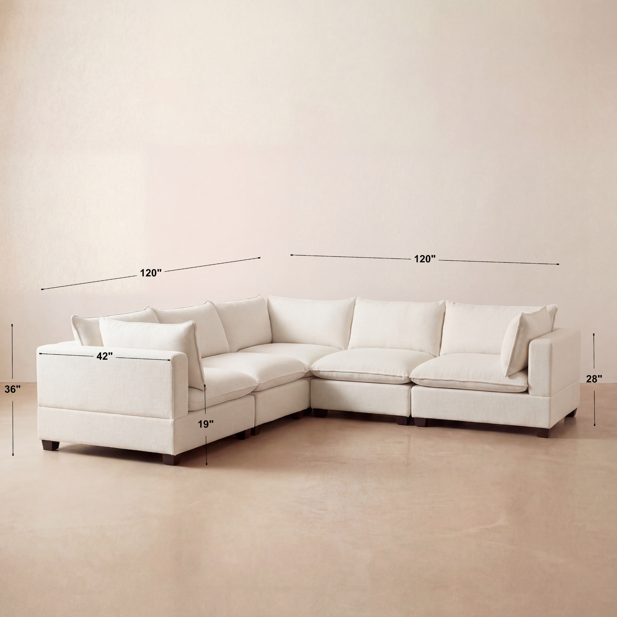 White sectional sofa with dimensions marked on a beige floor and wall.