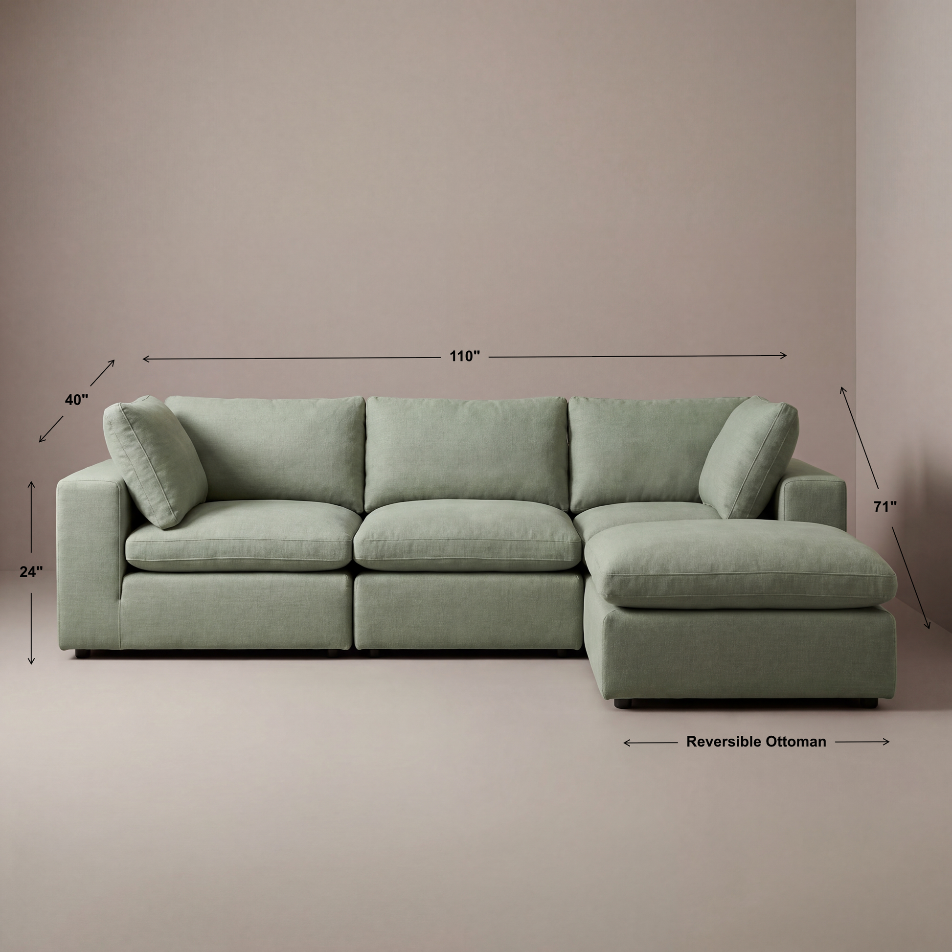 Modular cloud sectional sofa in sage green with the dimensions 