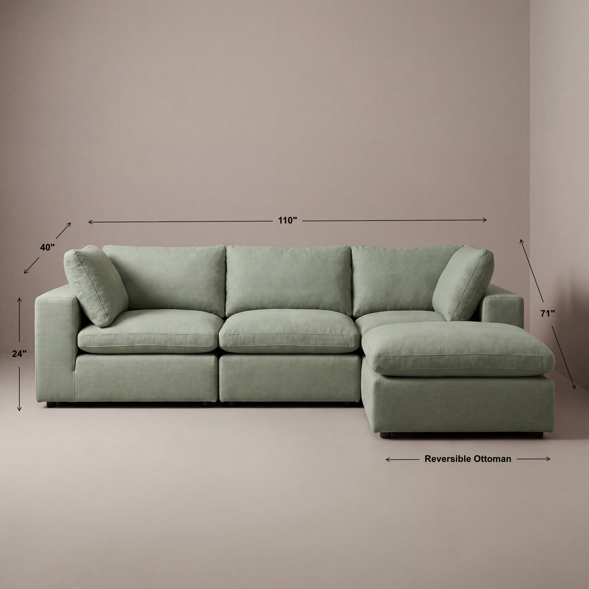 Modular cloud sectional sofa in sage green with the dimensions 