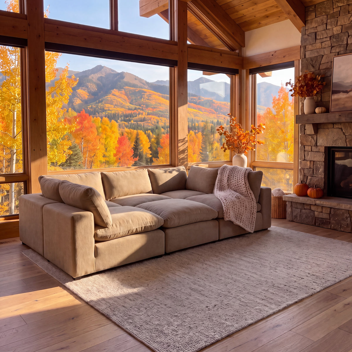 Aspen Cloud Petite 6-piece pit sectional set up as one big daybed in a Colorado mountain living room