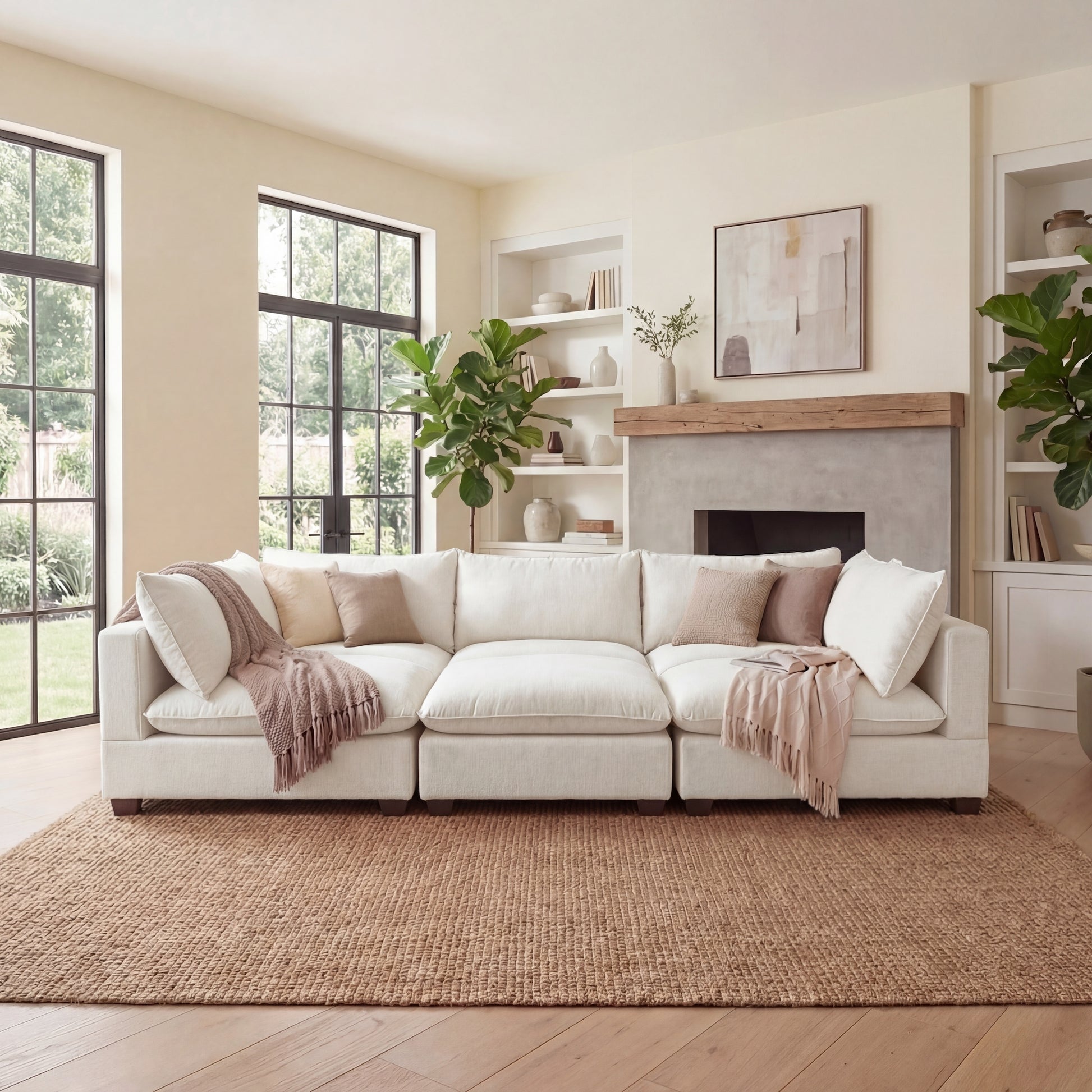 White sectional sofa in a living room with a fireplace and decorative elements.