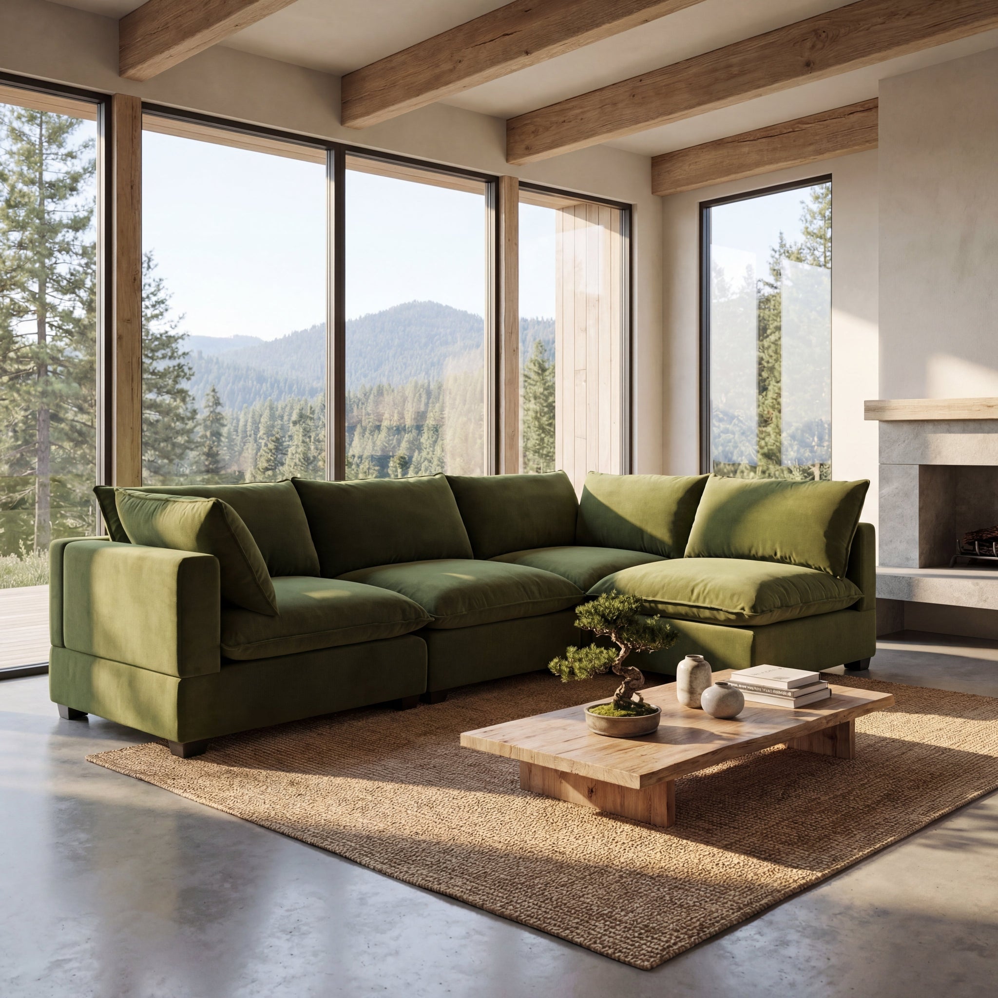 Green modular cloud sectional sofa in a modern living room