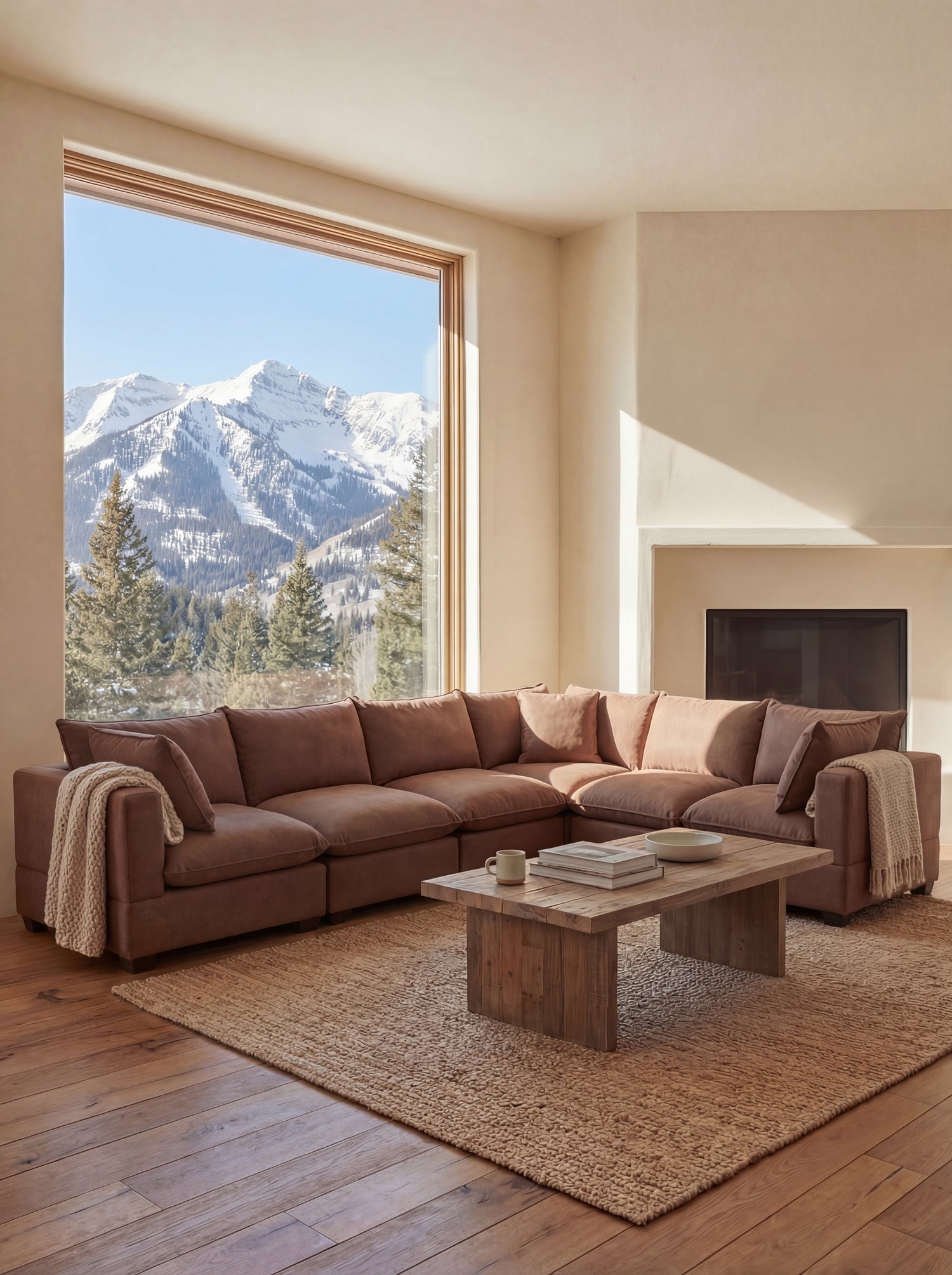 Chocolate modular cloud sectional sofa in a cozy home in vail colorado