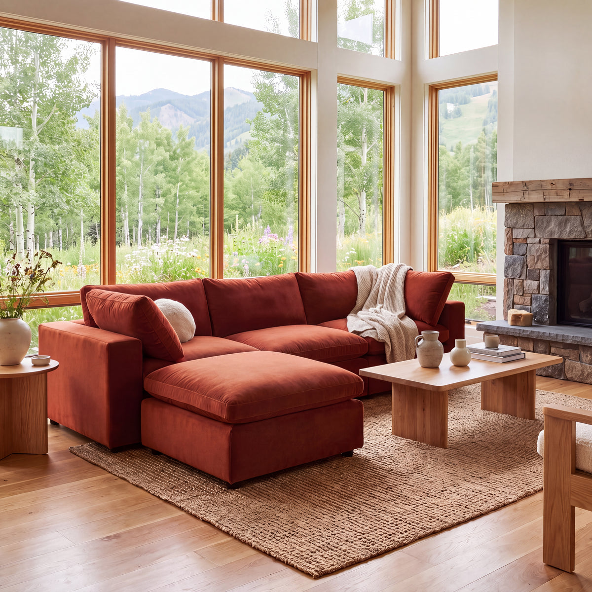 Aspen Cloud Petite 4-piece sectional with ottoman in Rust velvet in a Colorado living room