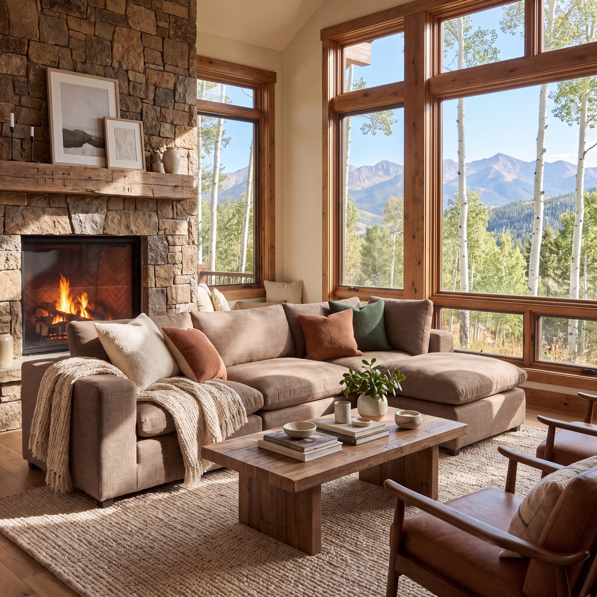 Aspen Cloud Petite 4-piece sectional sofa with ottoman in Latte chenille, front view