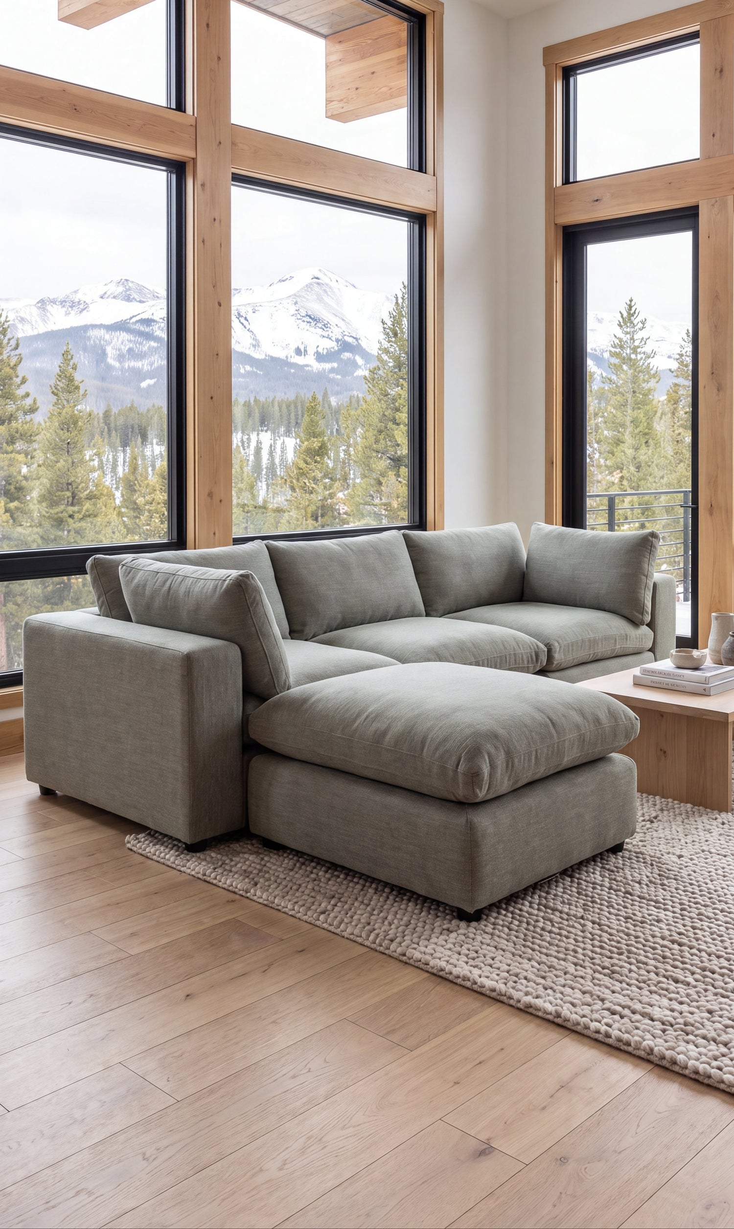 A modern sage green fabric sectional sofa with a chaise lounge, placed in a bright, contemporary living room with large windows showing a mountain and forest view.