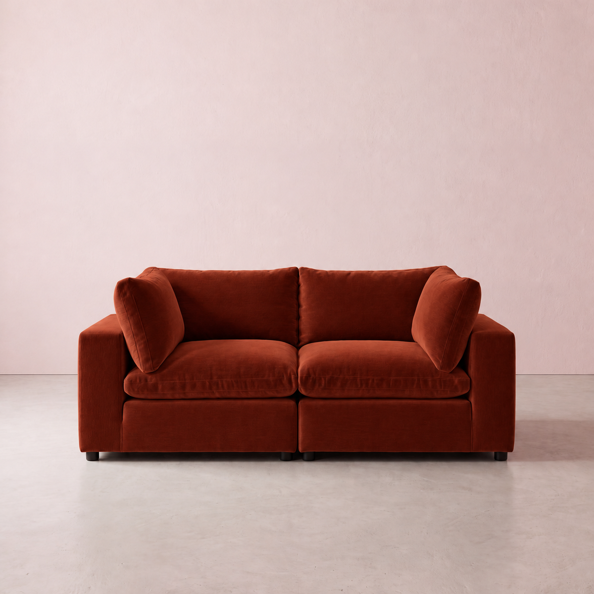 Aspen Cloud Petite 2-piece modular loveseat in Rust velvet, front view