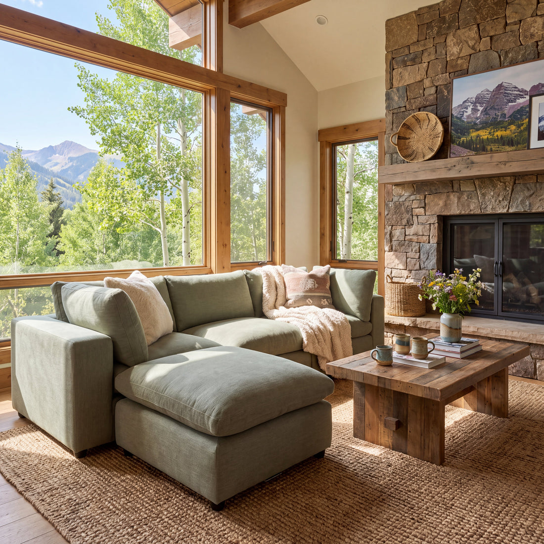 A large sage green sectional sofa with a chaise lounge in a rustic mountain-style living room with wood floors, a stone fireplace, and large windows overlooking a forested mountain landscape.