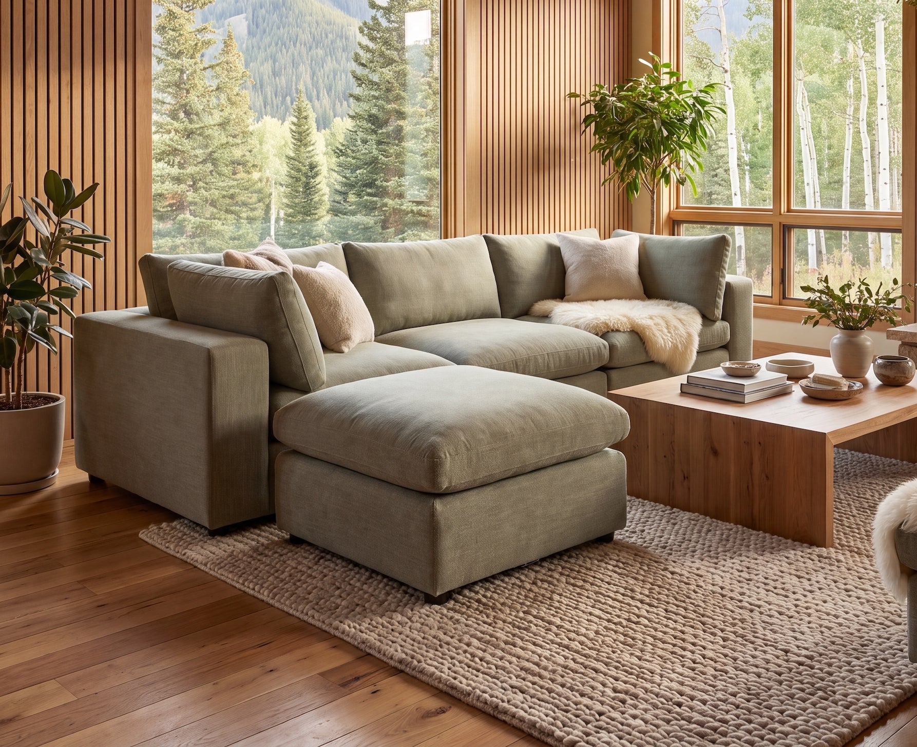 Aspen Cloud Petite modular sectional with ottoman in a warm wood-paneled living room with forest views