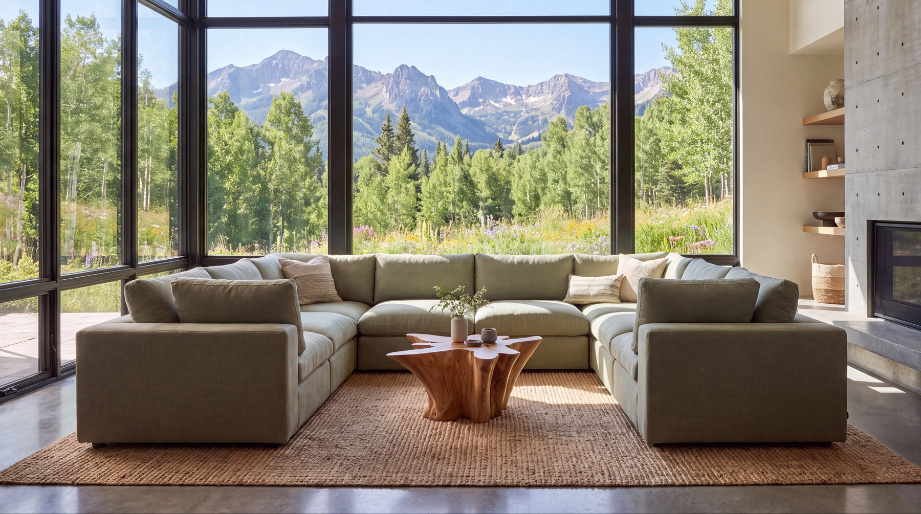 A large sectional sofa in a light sage green color arranged in an L-shape in a modern living room with floor-to-ceiling windows, showcasing a mountain and forest view. A natural wood coffee table sits on a woven jute rug in front of the sofa.