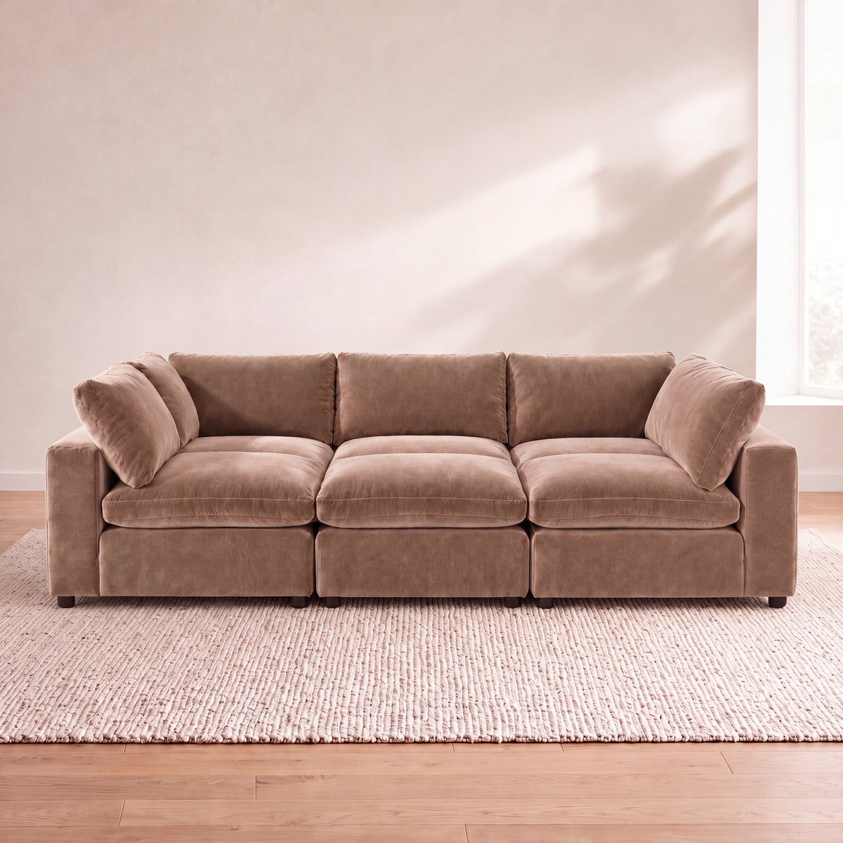 Aspen Cloud Petite 6-piece pit sectional sofa in Latte chenille, front view