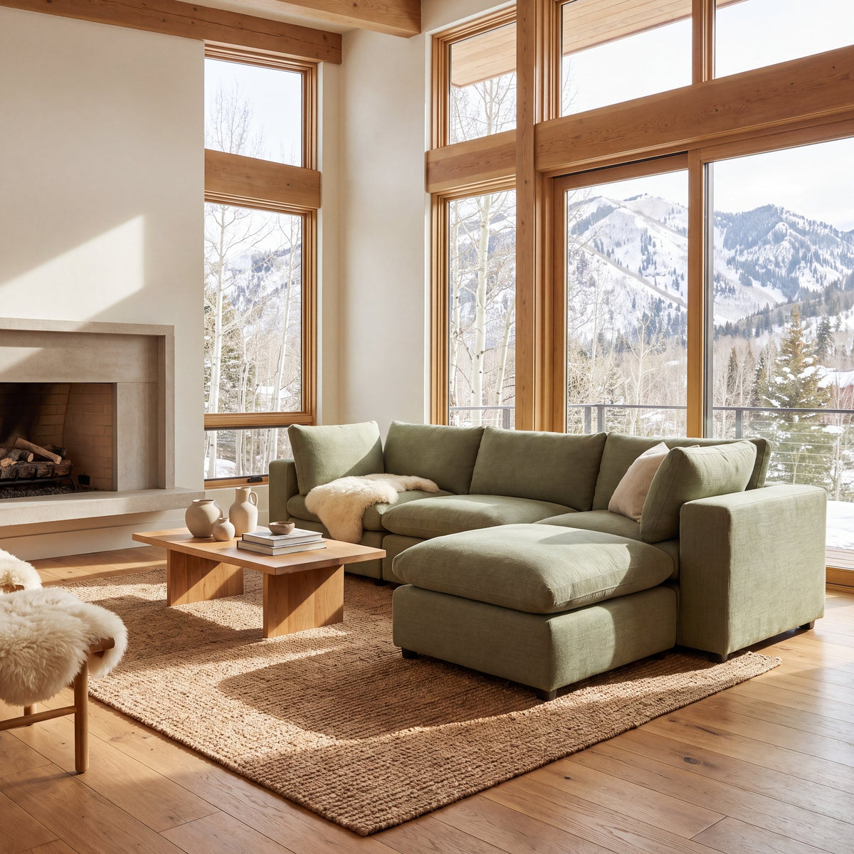 Aspen Cloud Petite 4-piece sectional sofa with ottoman in Sage Green linen, front view