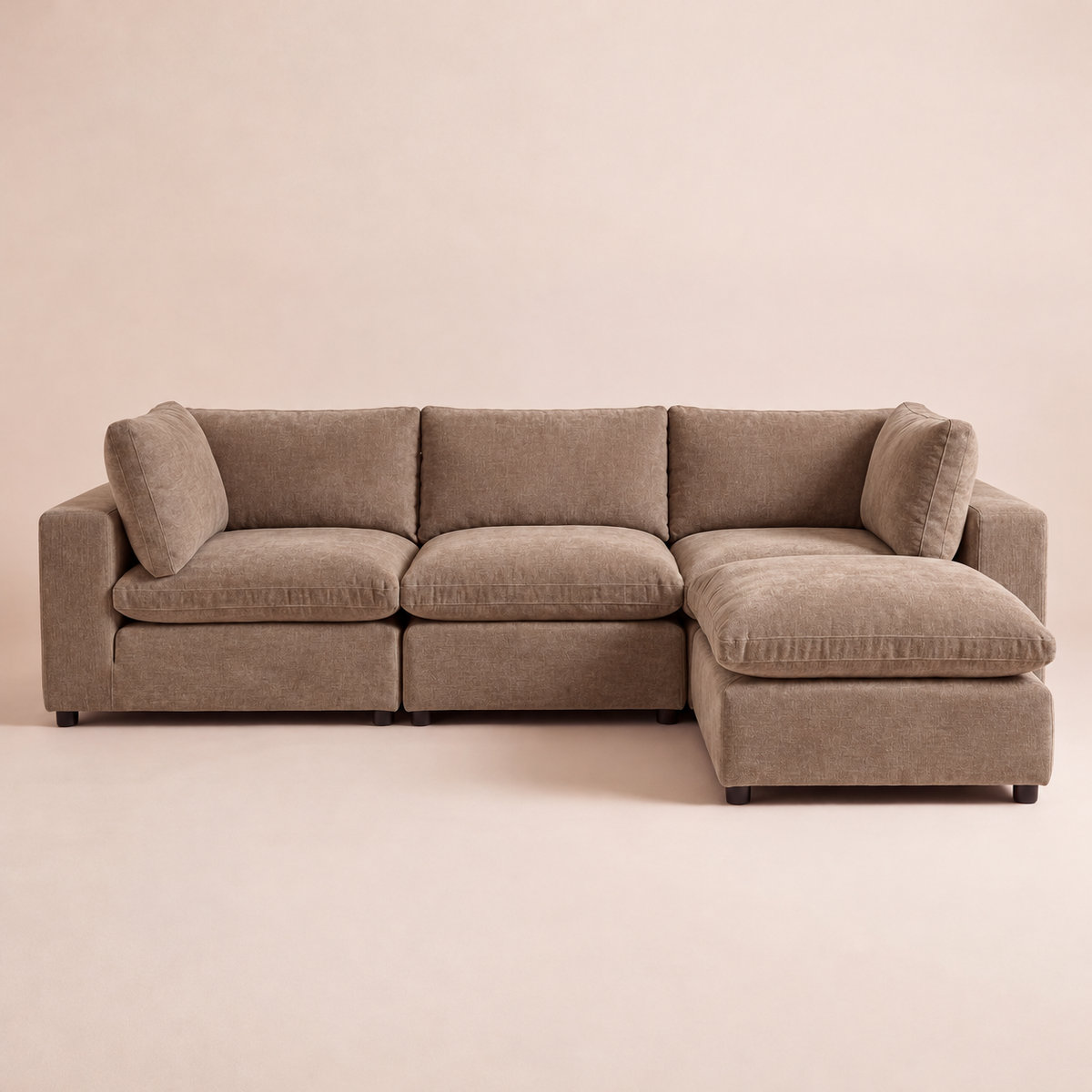 Aspen Cloud Petite 4-piece sectional sofa with ottoman in Latte chenille, front view