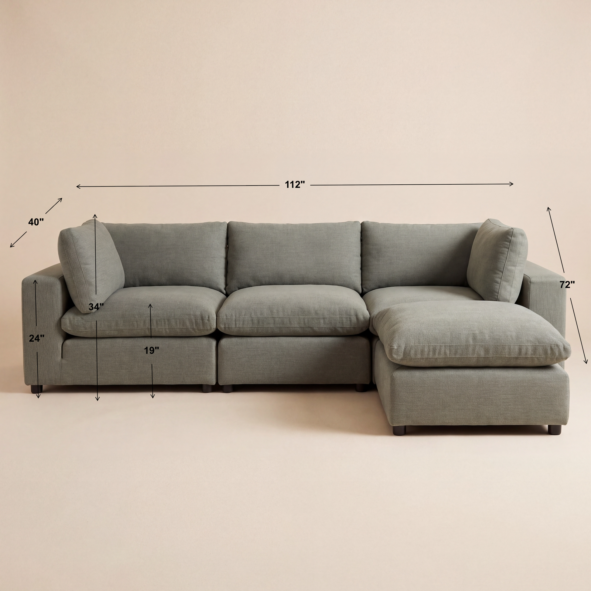 Dimensions diagram for the Aspen Cloud Petite 4-piece sectional with ottoman, 112 inches wide by 72 inches deep