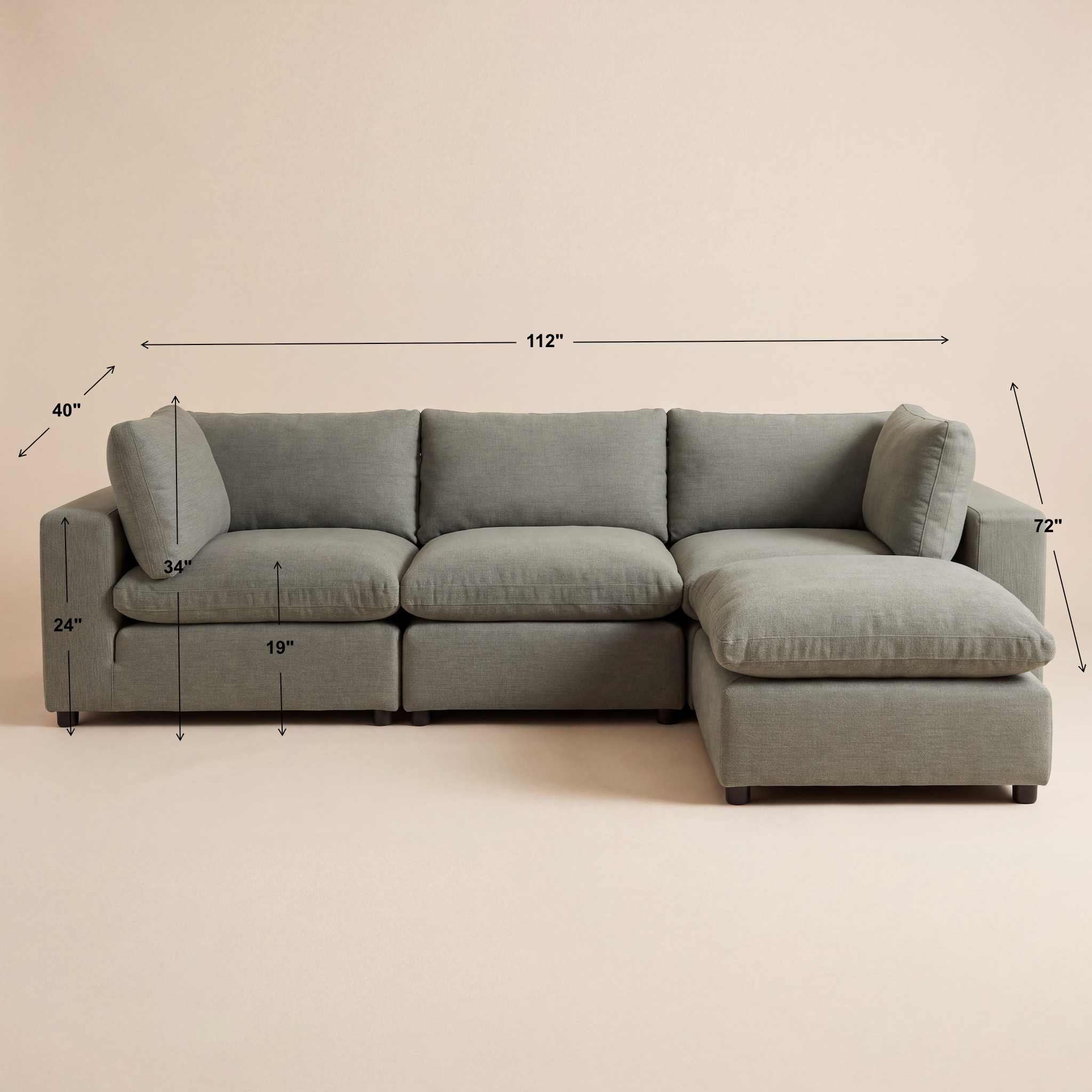 Dimensions diagram for the Aspen Cloud Petite 4-piece sectional with ottoman, 112 inches wide by 72 inches deep