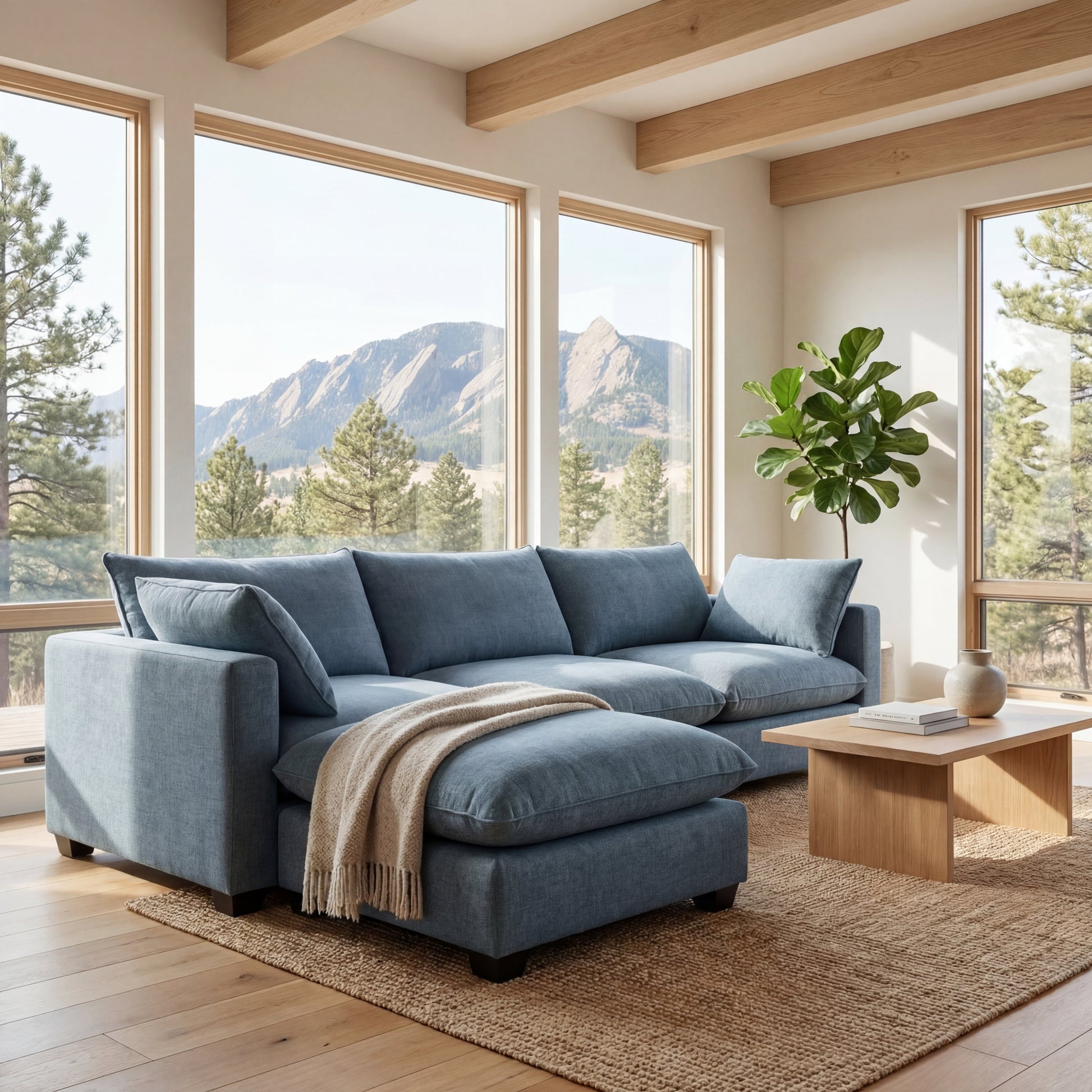 Aspen Cloud 4-piece modular sectional sofa with ottoman in dusty blue fabric, side view in Boulder Colorado home