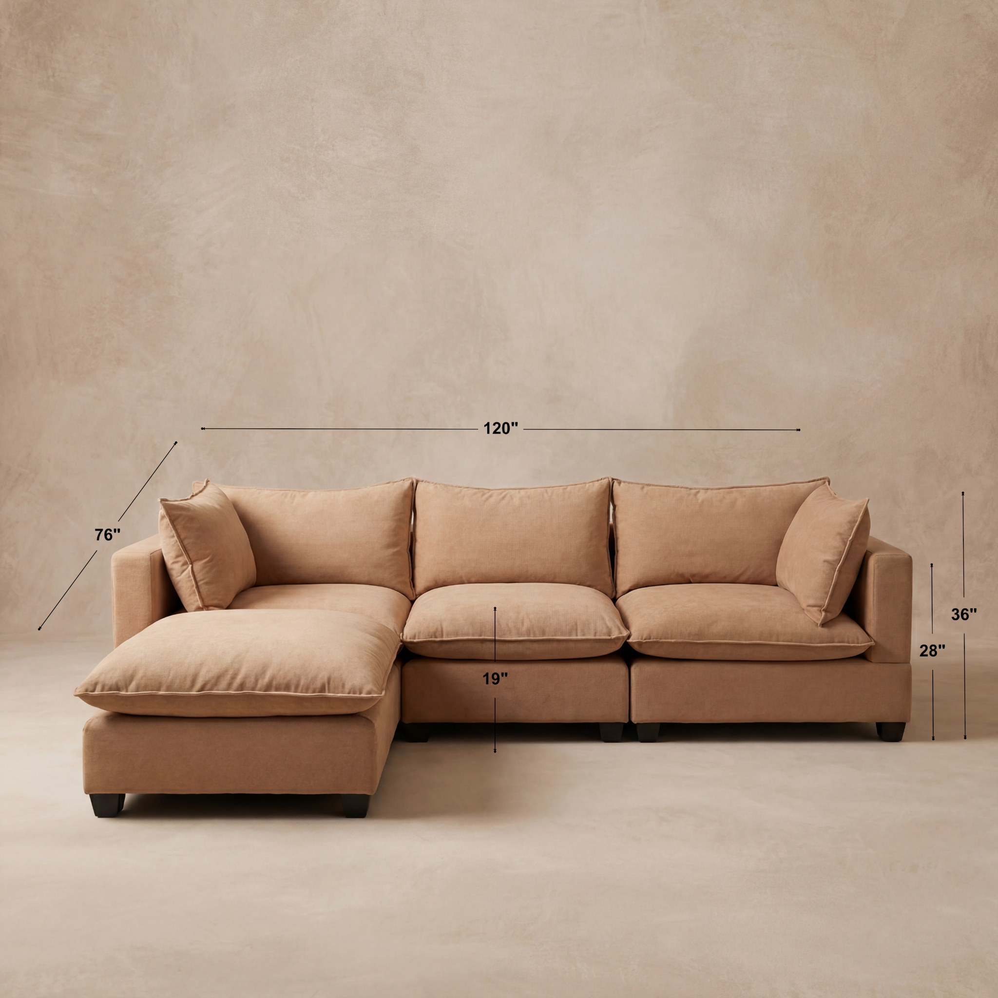 Aspen Cloud 4-piece modular sectional sofa with ottoman in camel fabric with dimensions