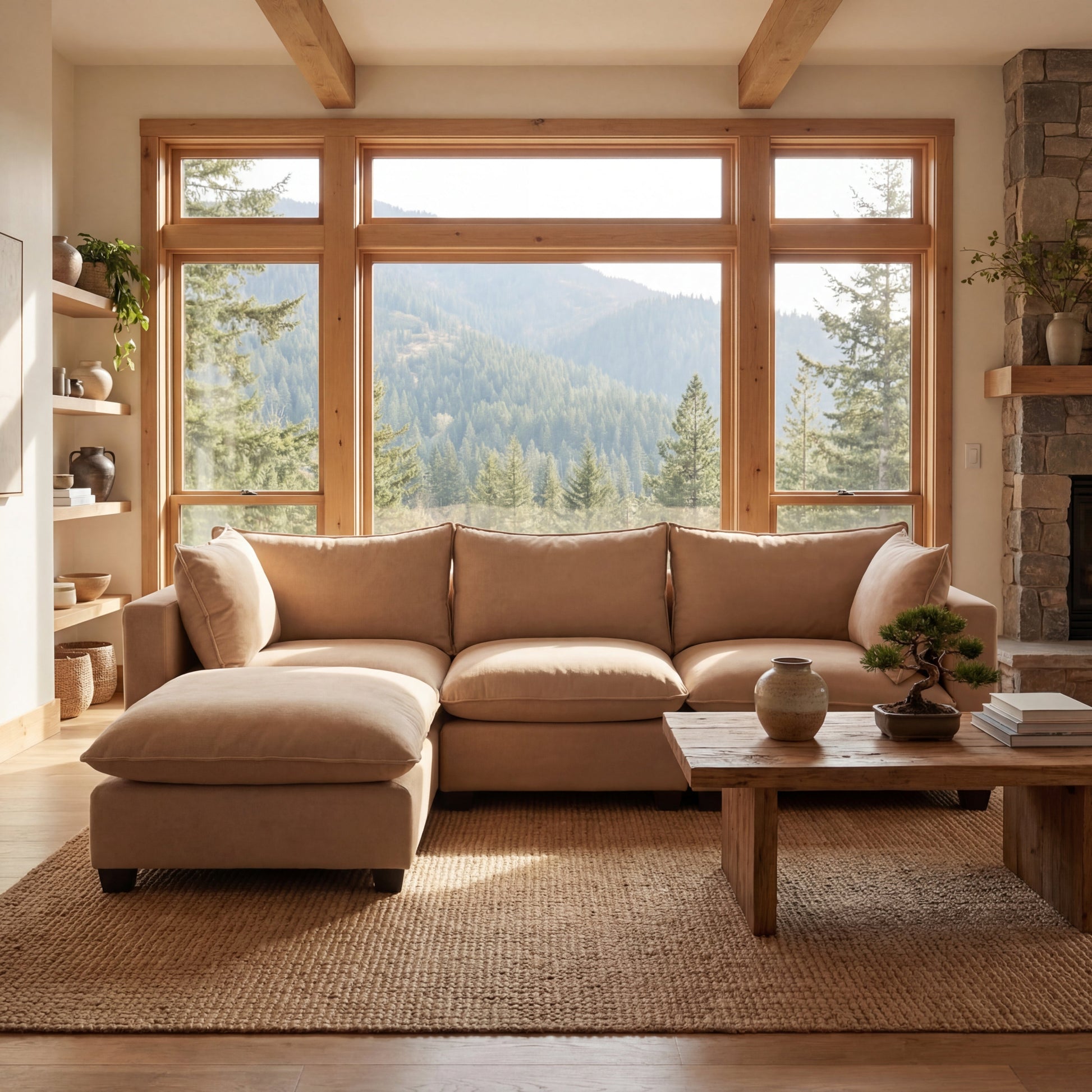 Aspen Cloud 4-piece modular sectional sofa with ottoman in camel velvet in a mountain home