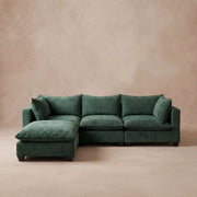 Aspen Cloud 4-piece modular sectional sofa with ottoman chaise in evergreen chenille weave fabric, front view