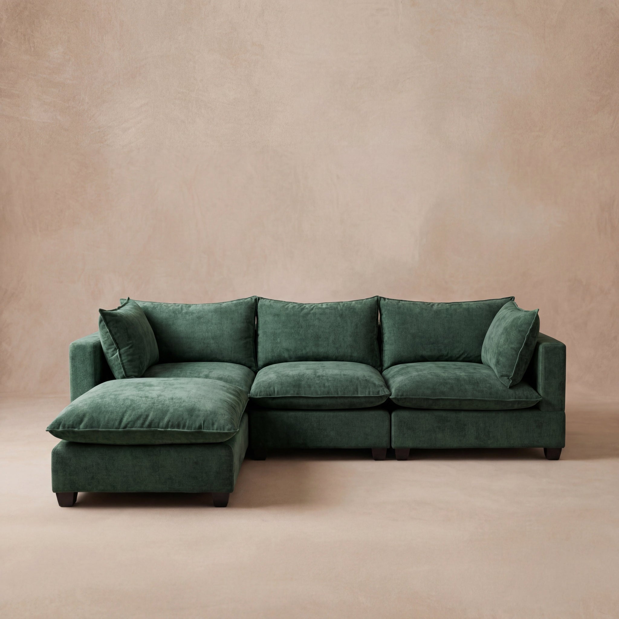 Aspen Cloud 4-piece modular sectional sofa with ottoman chaise in evergreen chenille weave fabric, front view