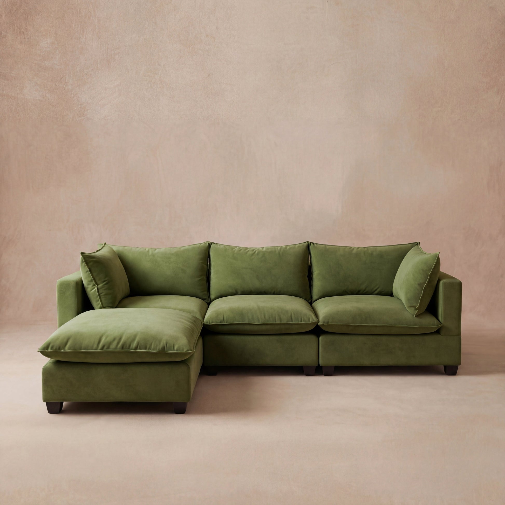 Aspen Cloud 4-piece modular sectional sofa with ottoman in olive velvet, front view
