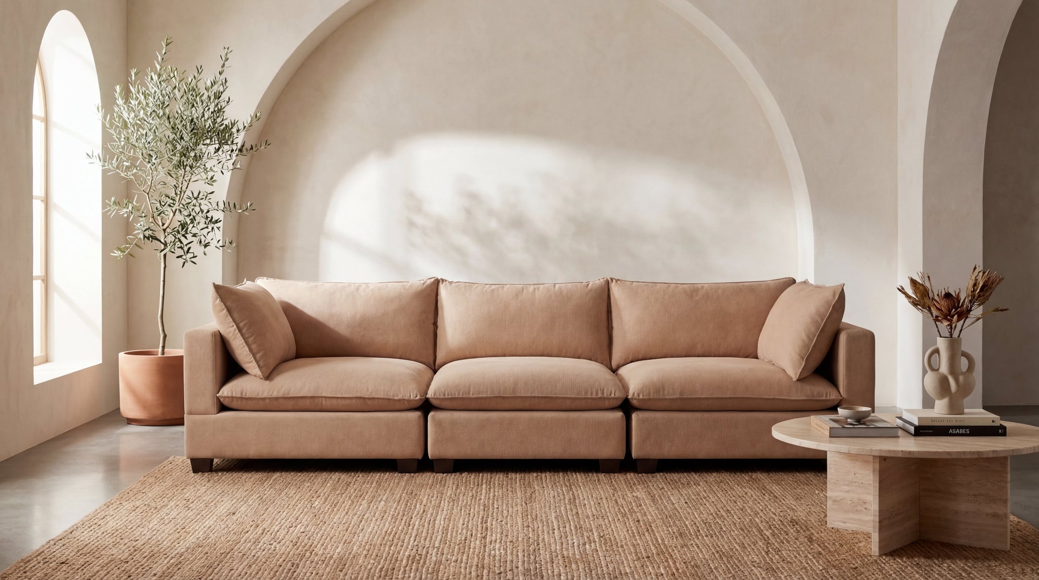 Beige sofa in a modern living room with a neutral color palette