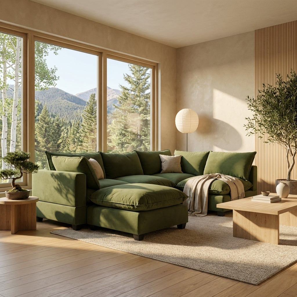 Modern living room with an olive modular sectional couch verlooking a forest.
