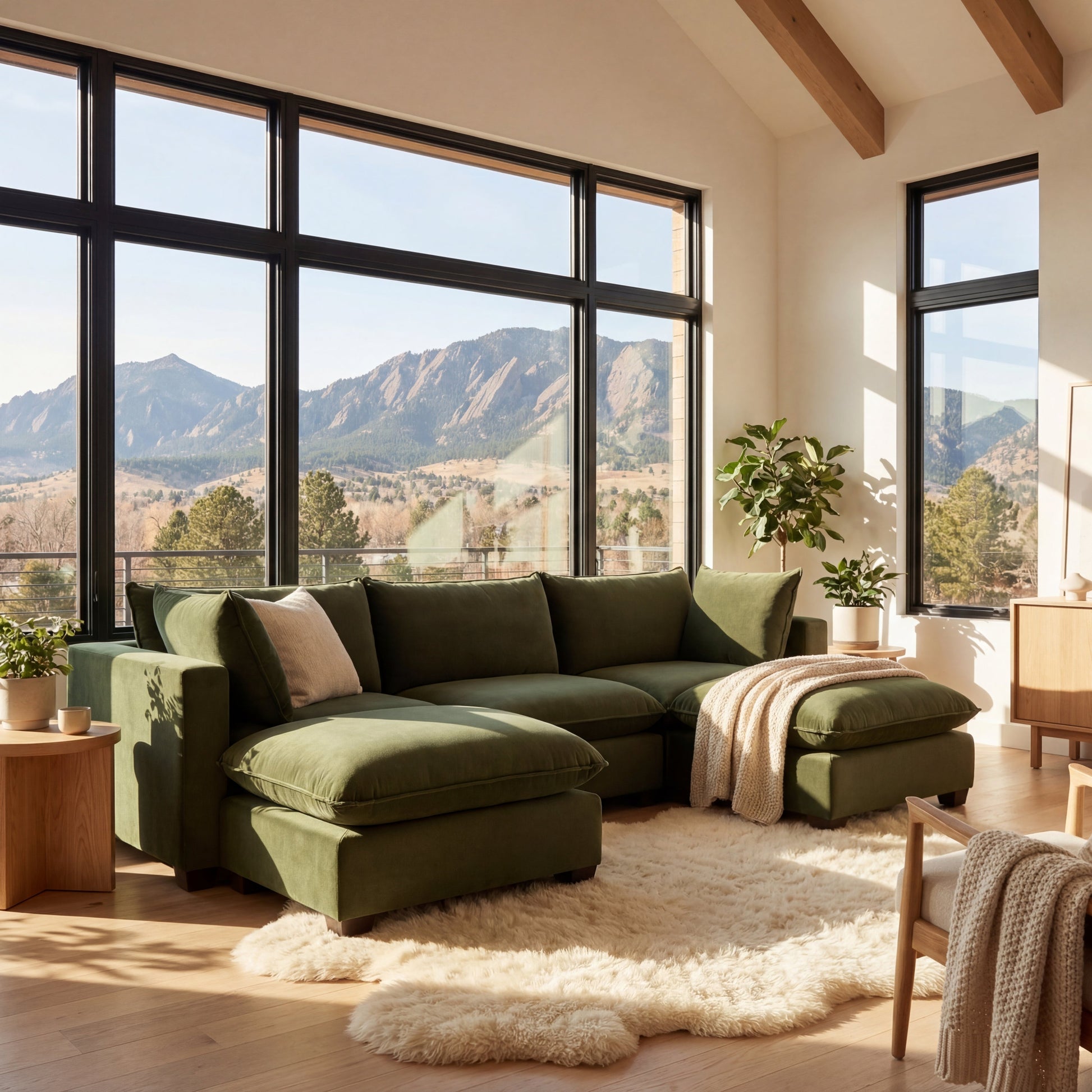 olive green sectional sofa in a modern living room in boulder colorado