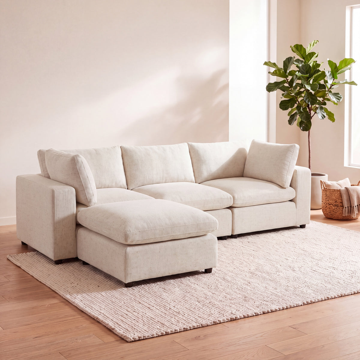 Aspen Cloud Petite 4-piece sectional sofa with ottoman in Coastal Ivory performance linen