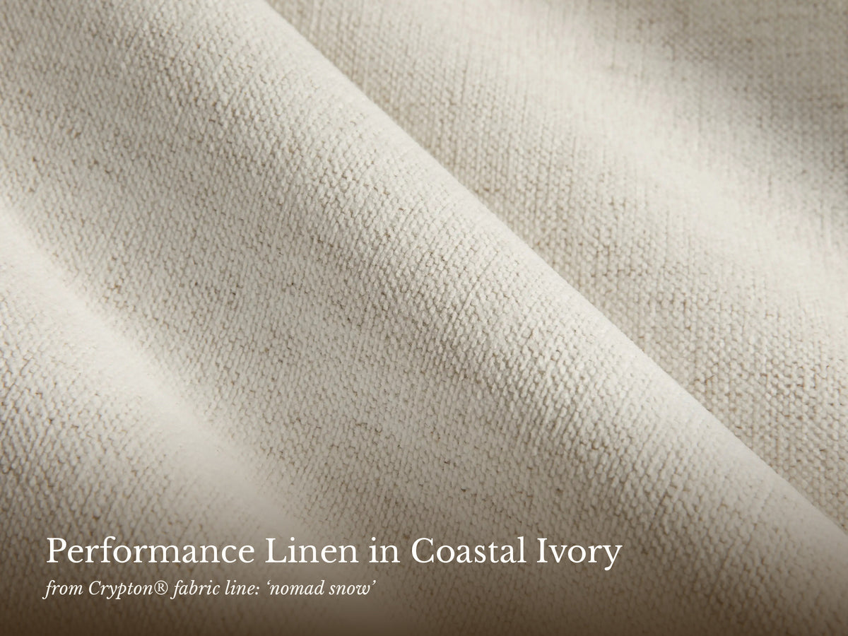 Coastal Ivory performance linen fabric swatch with care notes