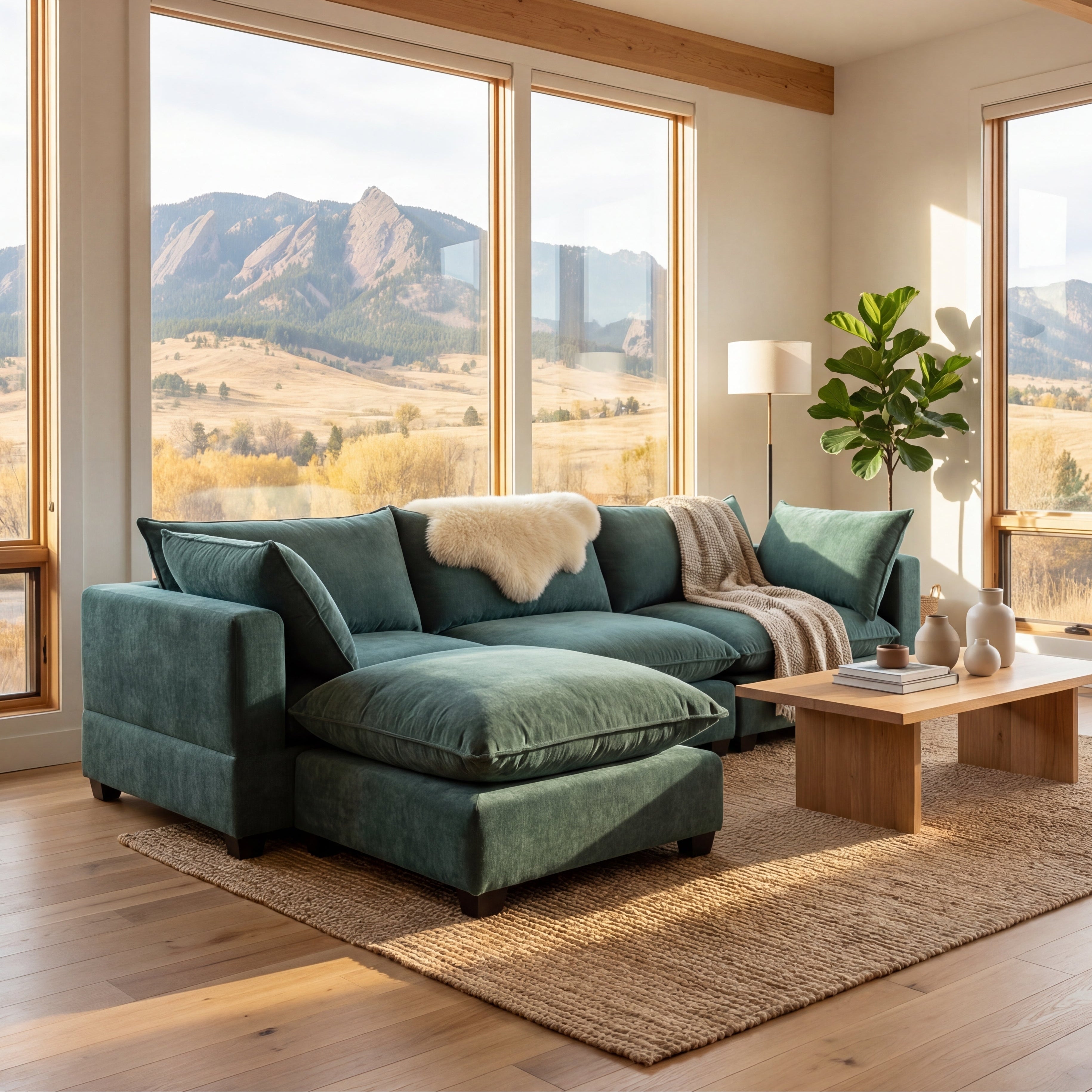 Aspen Cloud sectional with ottoman in Evergreen velvet with the Flatirons through the windows