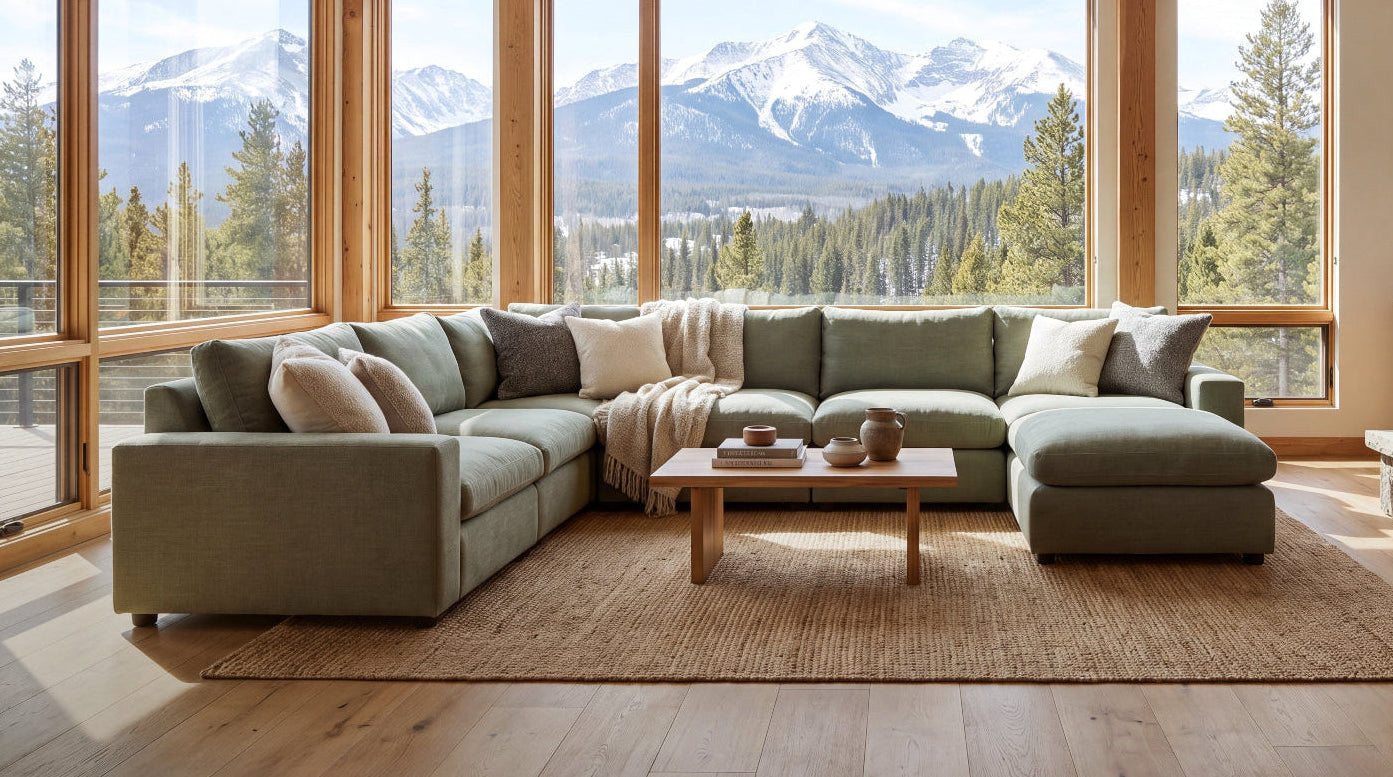 A modern sectional sofa in a bright, wood-filled living room with large windows showing a mountain landscape. The sofa is upholstered in a muted sage green fabric with neutral throw pillows and a matching chaise.