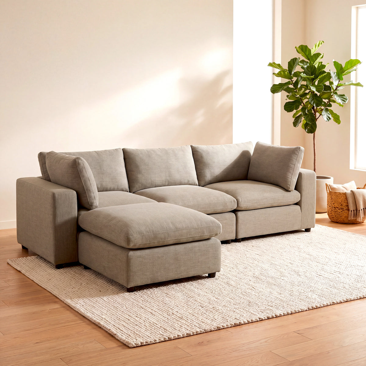 Aspen Cloud Petite 4-piece sectional sofa with ottoman in Quartz performance linen