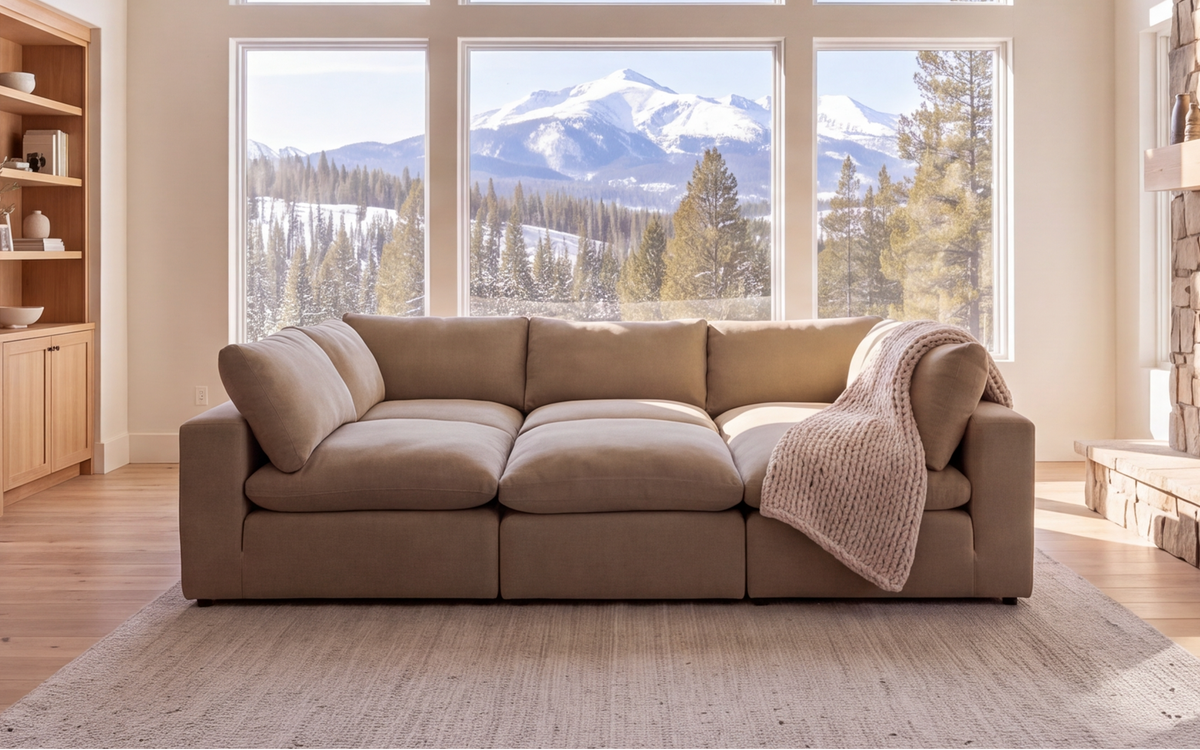 sage green modular pit sectional sofa in a colorado living room